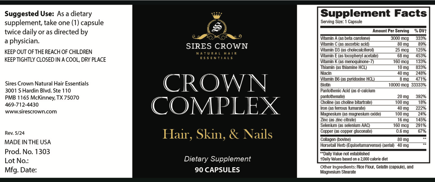 Crown Complex - 90 capsules - Hair Growth Supplements with Biotin, Collagen and Horsetail Grass